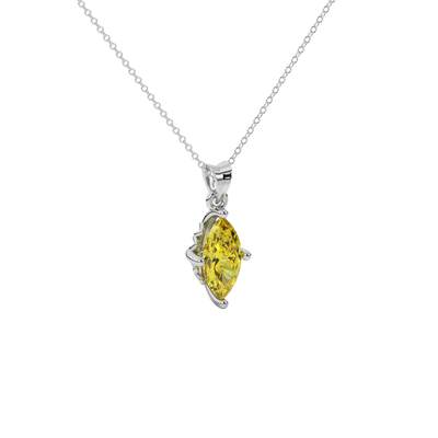 Close-up marquise cut canary yellow gemstone, white gold lotus basket.