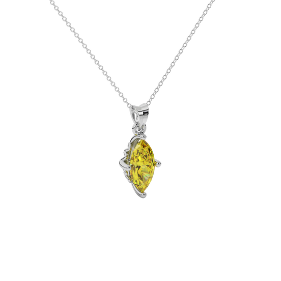Close-up marquise cut canary yellow gemstone, white gold lotus basket.
