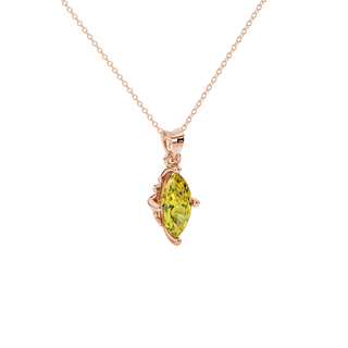 Close-up, marquise cut canary yellow gemstone pendant, rose gold lotus basket.