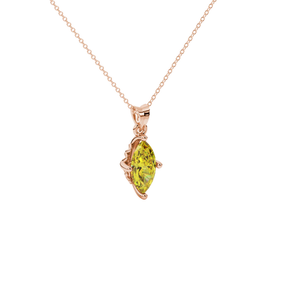 Close-up, marquise cut canary yellow gemstone pendant, rose gold lotus basket.
