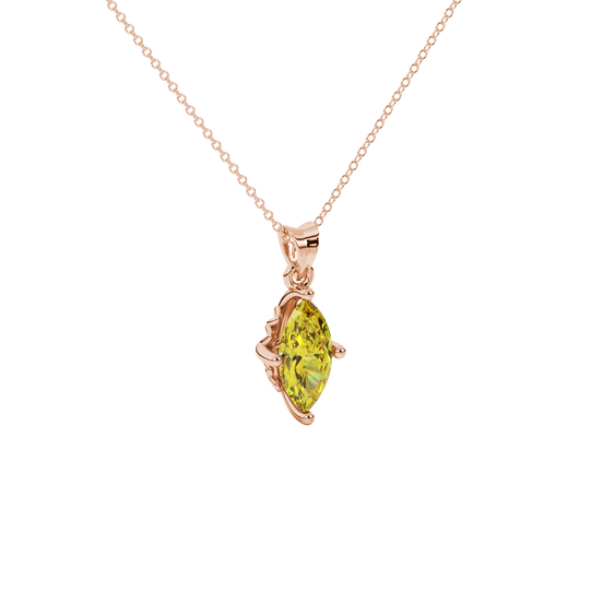 Close-up, marquise cut canary yellow gemstone pendant, rose gold lotus basket.