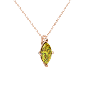 Close-up, marquise cut canary yellow gemstone pendant, rose gold pavé basket.