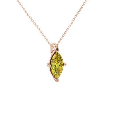Close-up, marquise cut canary yellow gemstone pendant, rose gold pavé basket.