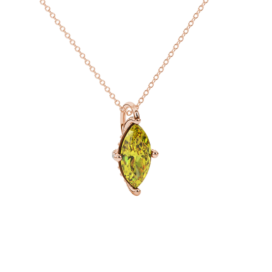 Close-up, marquise cut canary yellow gemstone pendant, rose gold pavé basket.
