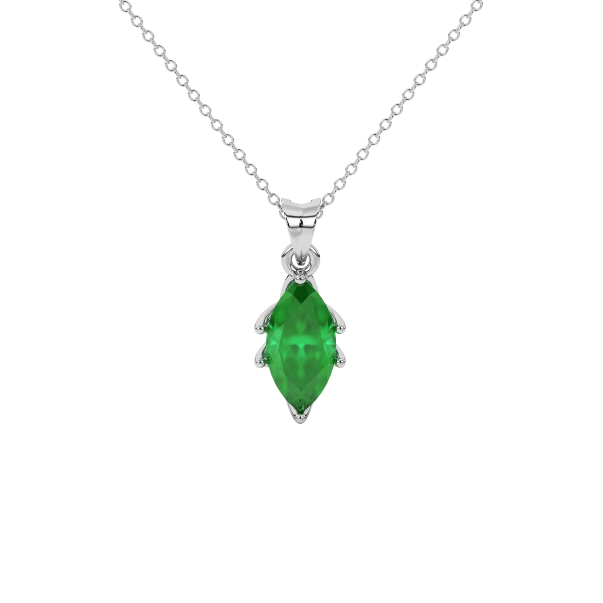 Marquise cut emerald green gemstone pendant, white gold scalloped six prong setting.