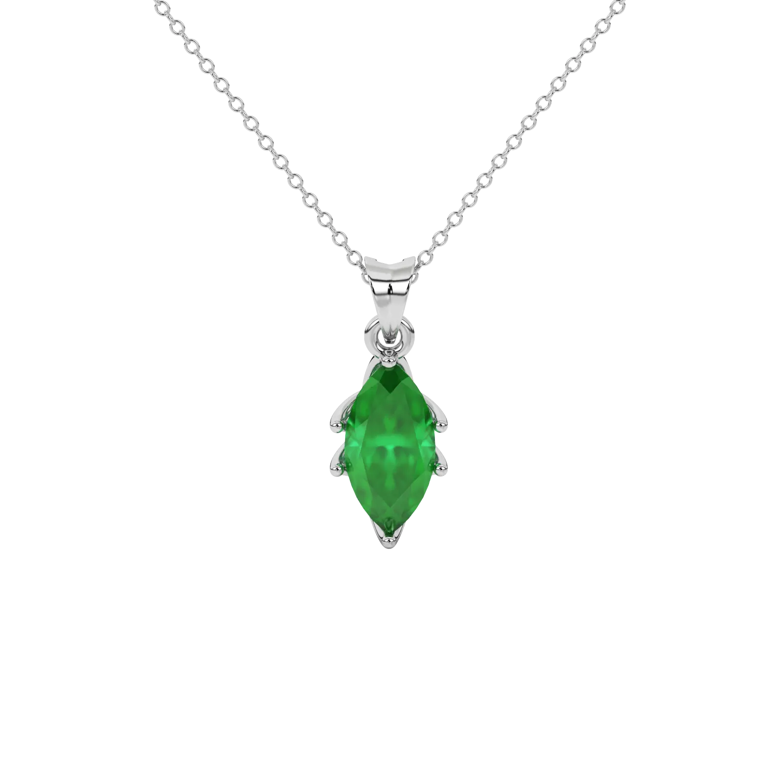 Marquise cut emerald green gemstone pendant, white gold scalloped six prong setting.