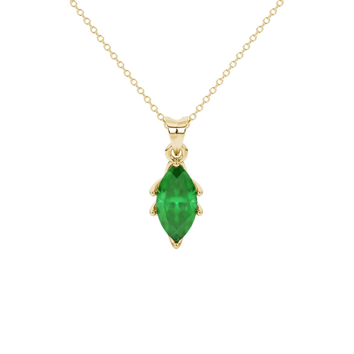 Marquise cut emerald green gemstone pendant, yellow gold scalloped six prong setting.