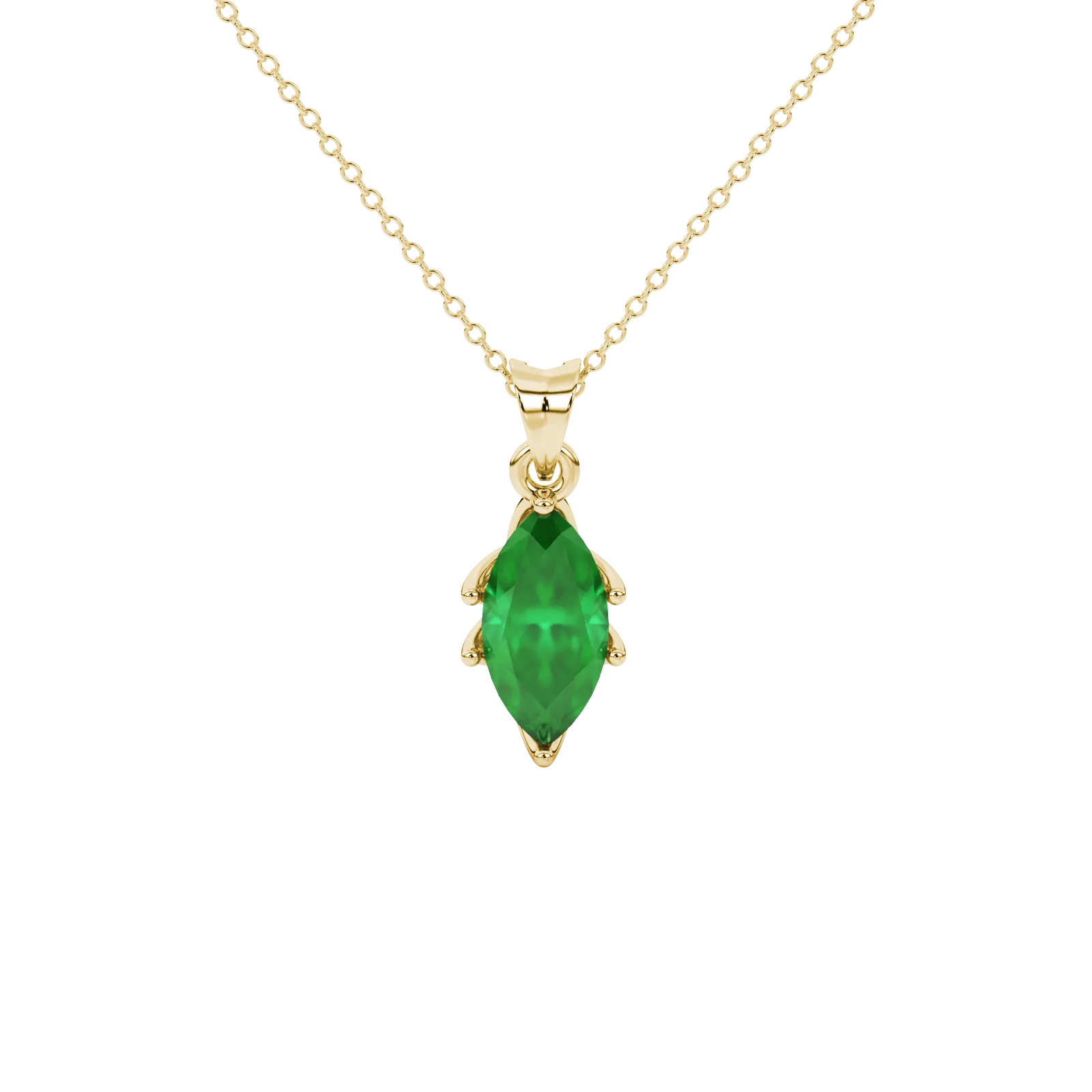 Marquise cut emerald green gemstone pendant, yellow gold scalloped six prong setting.