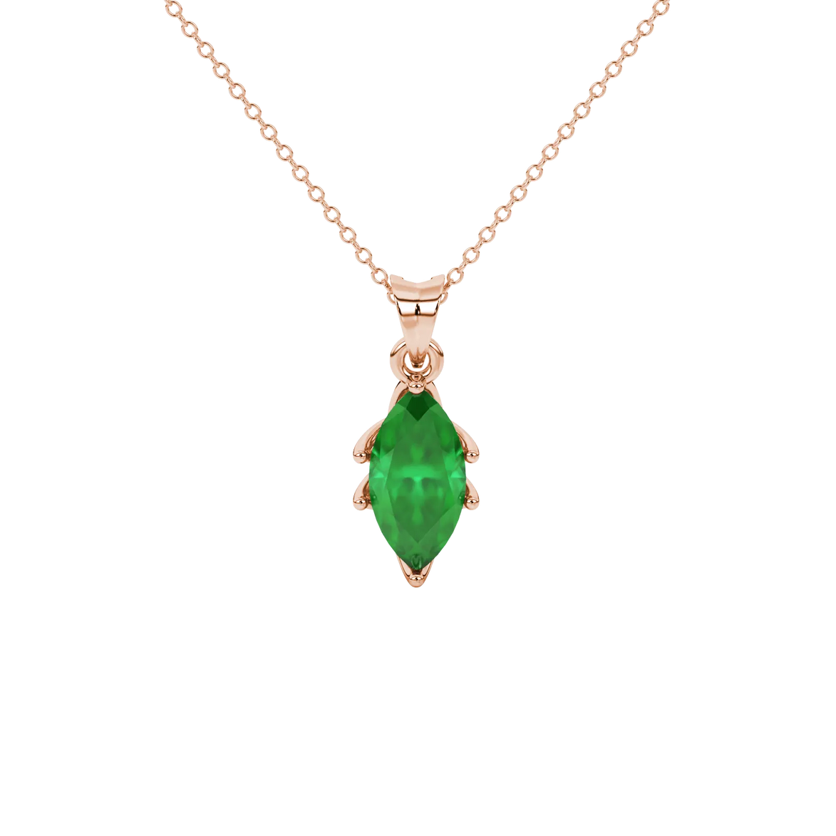 Marquise cut emerald green gemstone pendant, rose gold scalloped six prong setting.