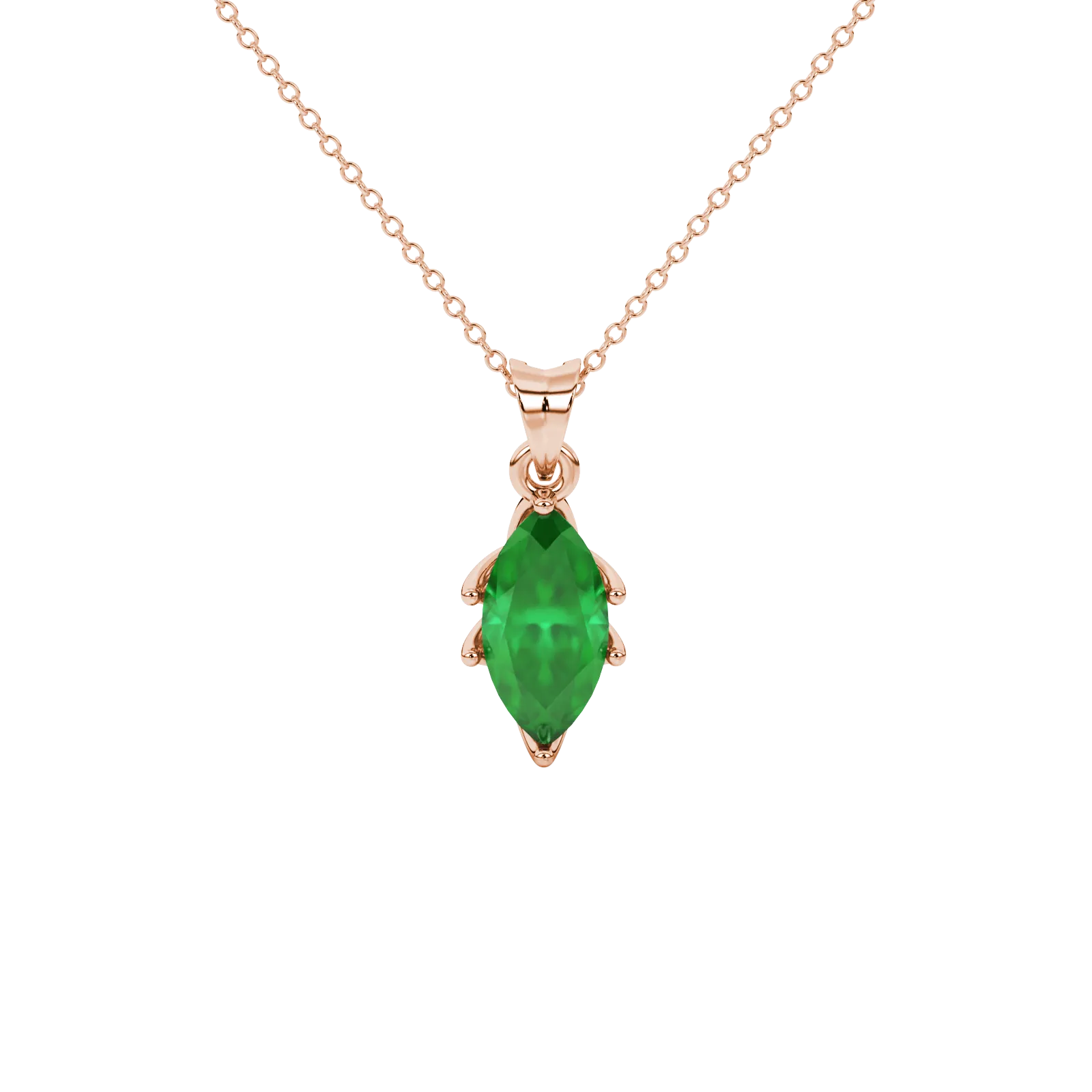Marquise cut emerald green gemstone pendant, rose gold scalloped six prong setting.
