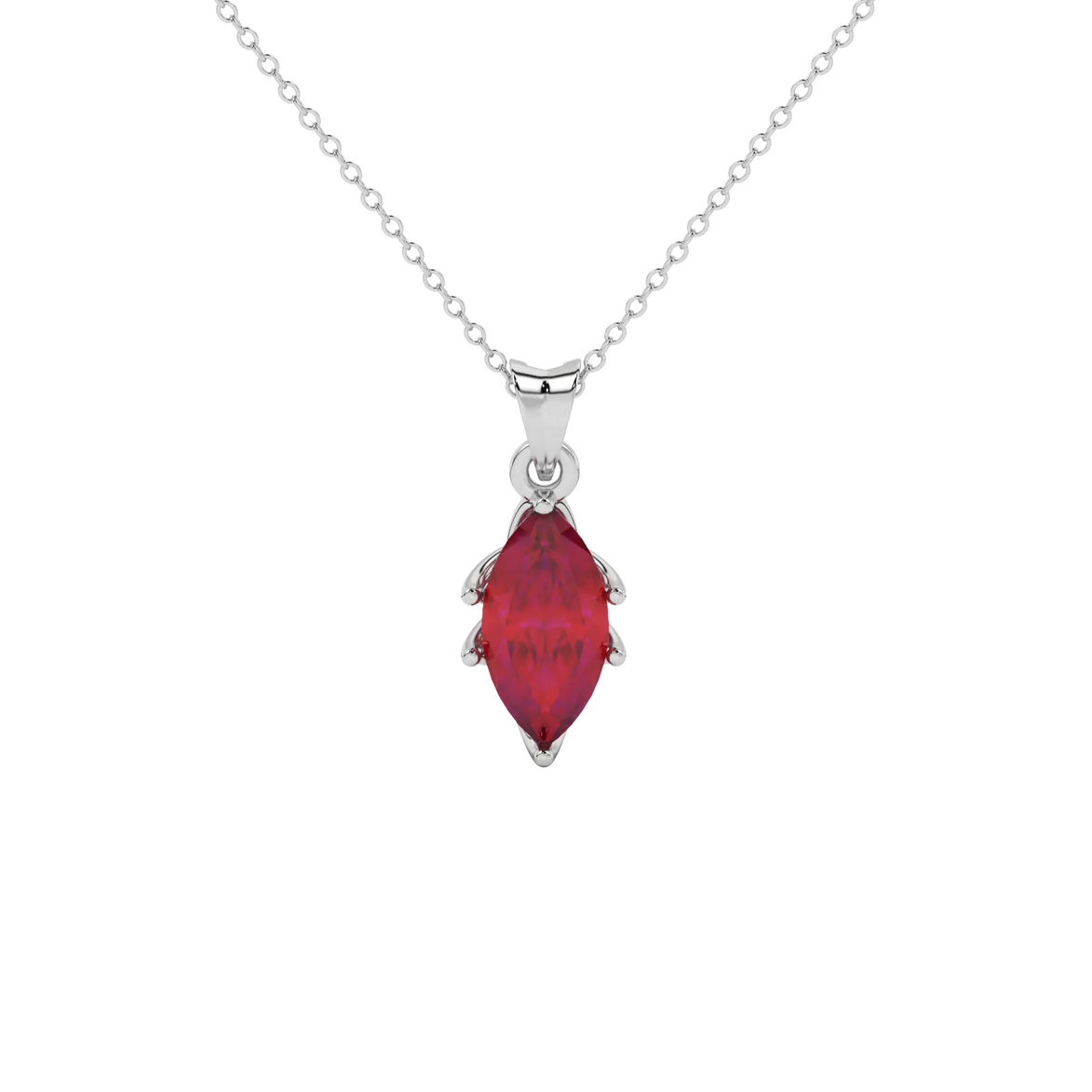 Marquise cut raspberry red gemstone pendant, white gold scalloped six prong setting.