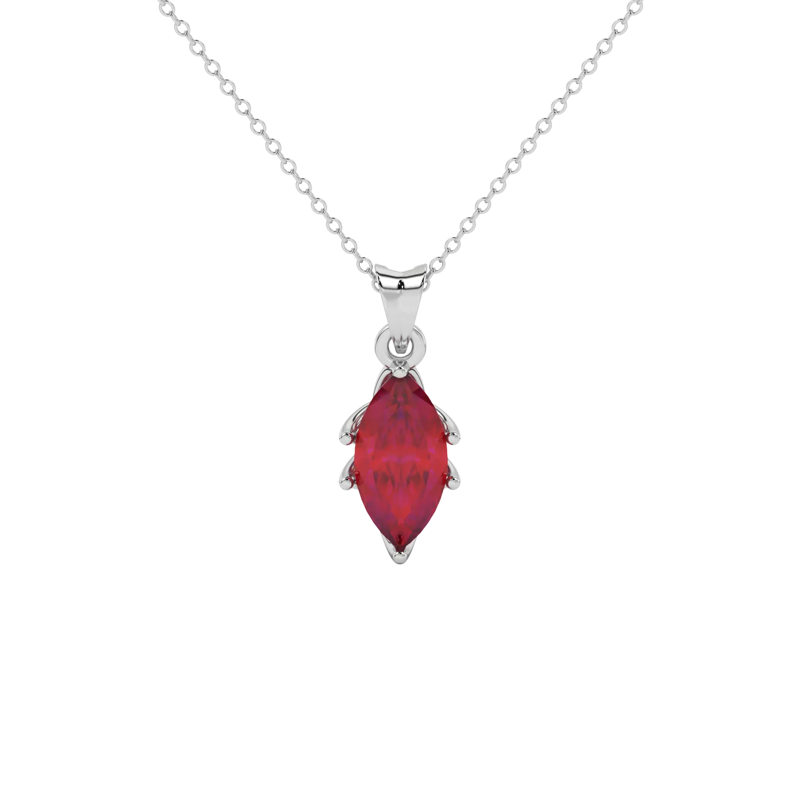 Marquise cut raspberry red gemstone pendant, white gold scalloped six prong setting.