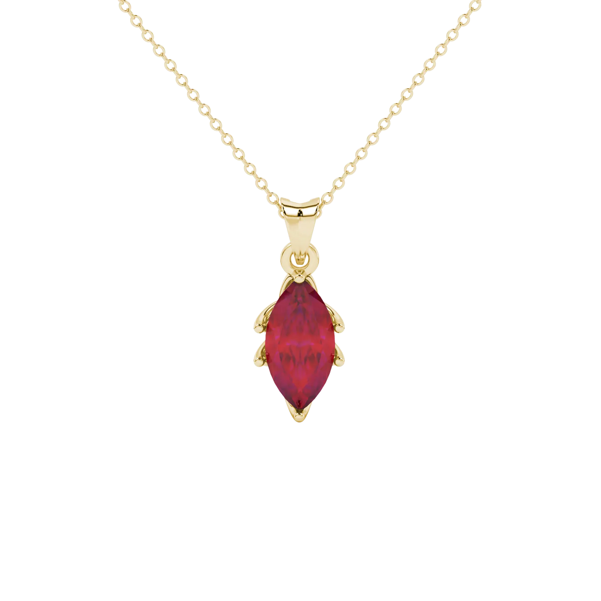 Marquise cut raspberry red gemstone pendant, yellow gold scalloped six prong setting