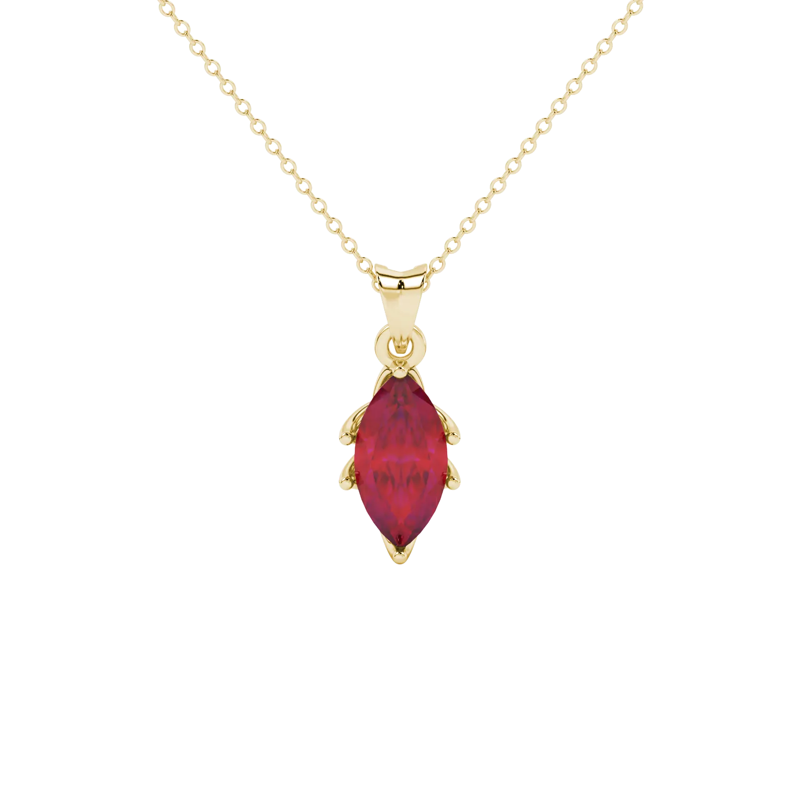 Marquise cut raspberry red gemstone pendant, yellow gold scalloped six prong setting