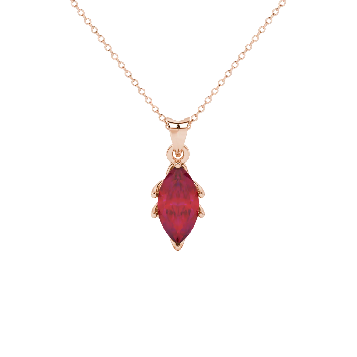 Marquise cut raspberry red gemstone pendant, rose gold scalloped six prong setting.