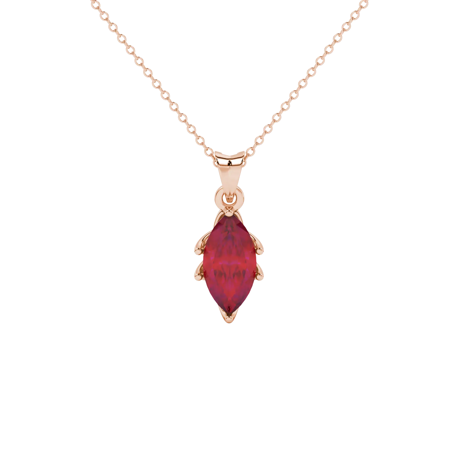 Marquise cut raspberry red gemstone pendant, rose gold scalloped six prong setting.