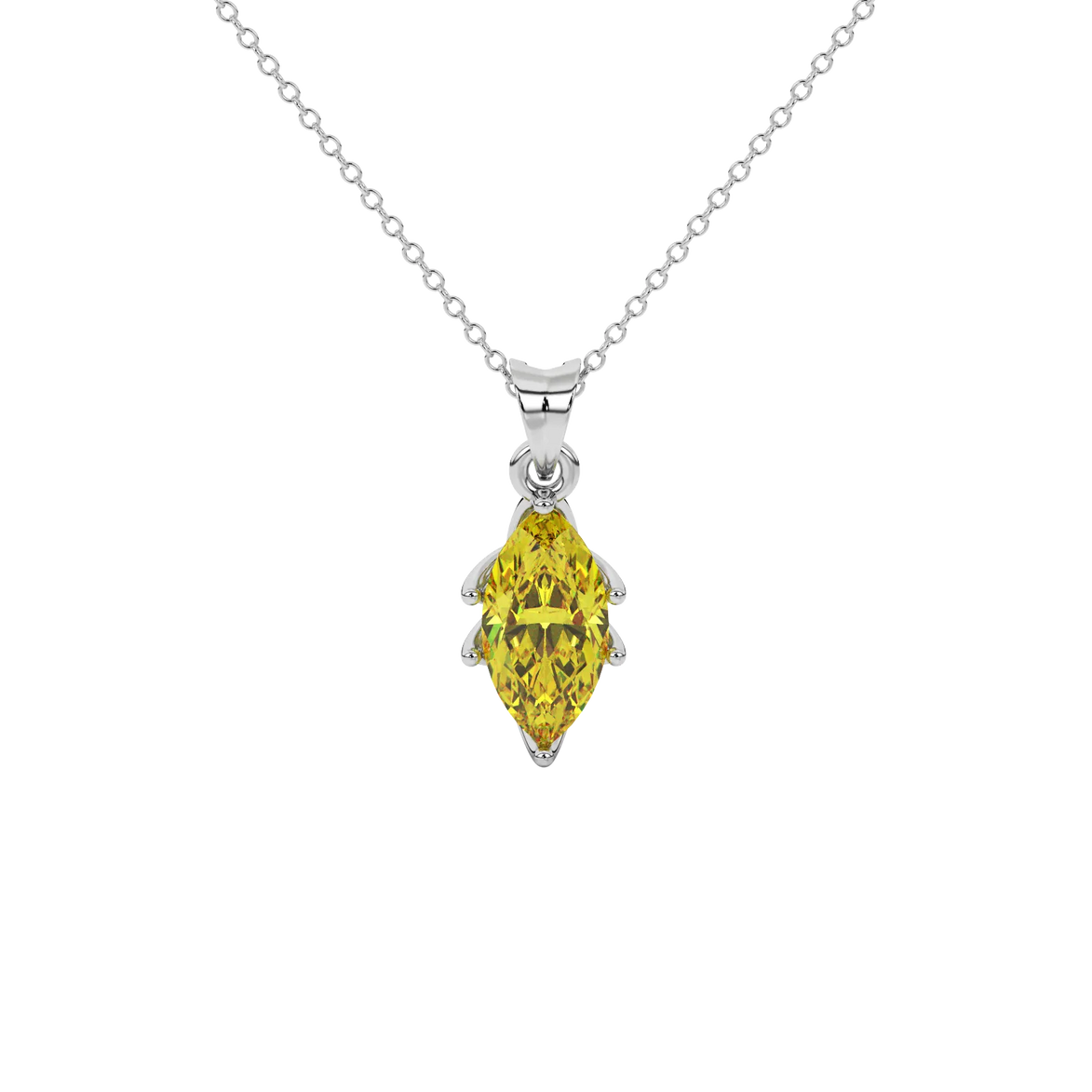 Marquise cut canary yellow gemstone pendant, white gold scalloped six prong setting.