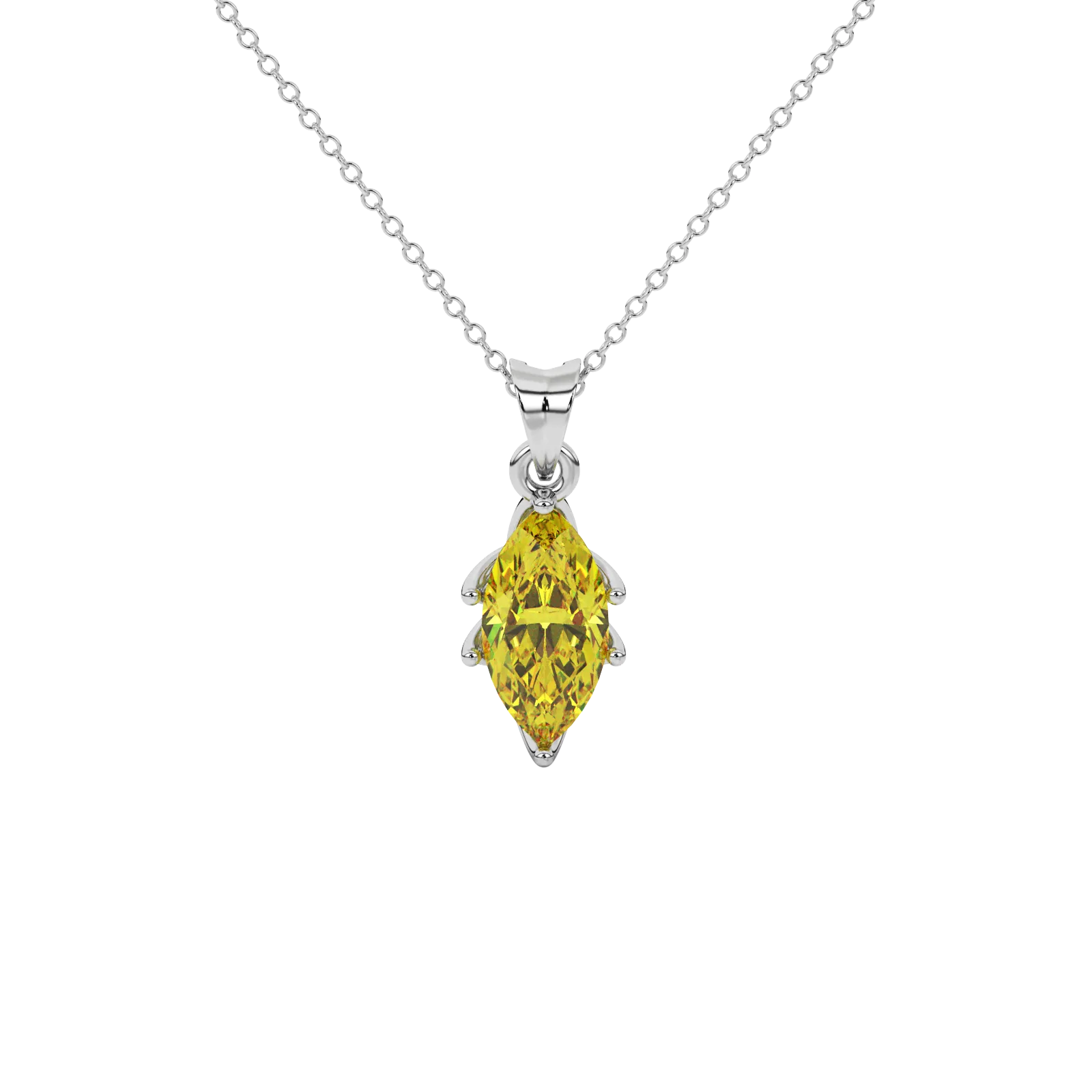Marquise cut canary yellow gemstone pendant, white gold scalloped six prong setting.