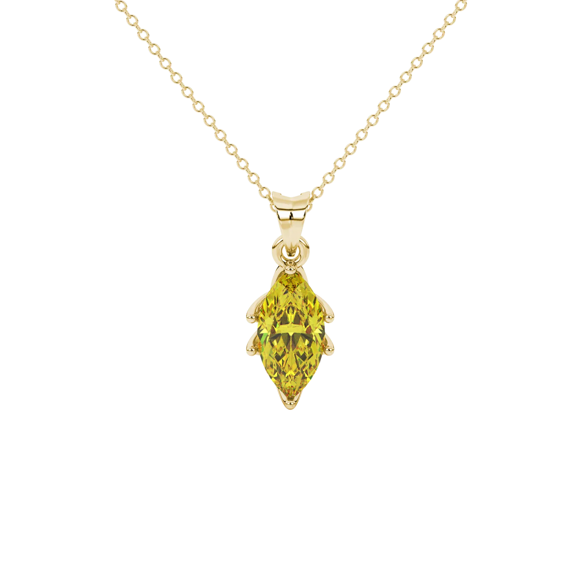 Marquise cut canary yellow gemstone pendant, yellow gold scalloped six prong setting