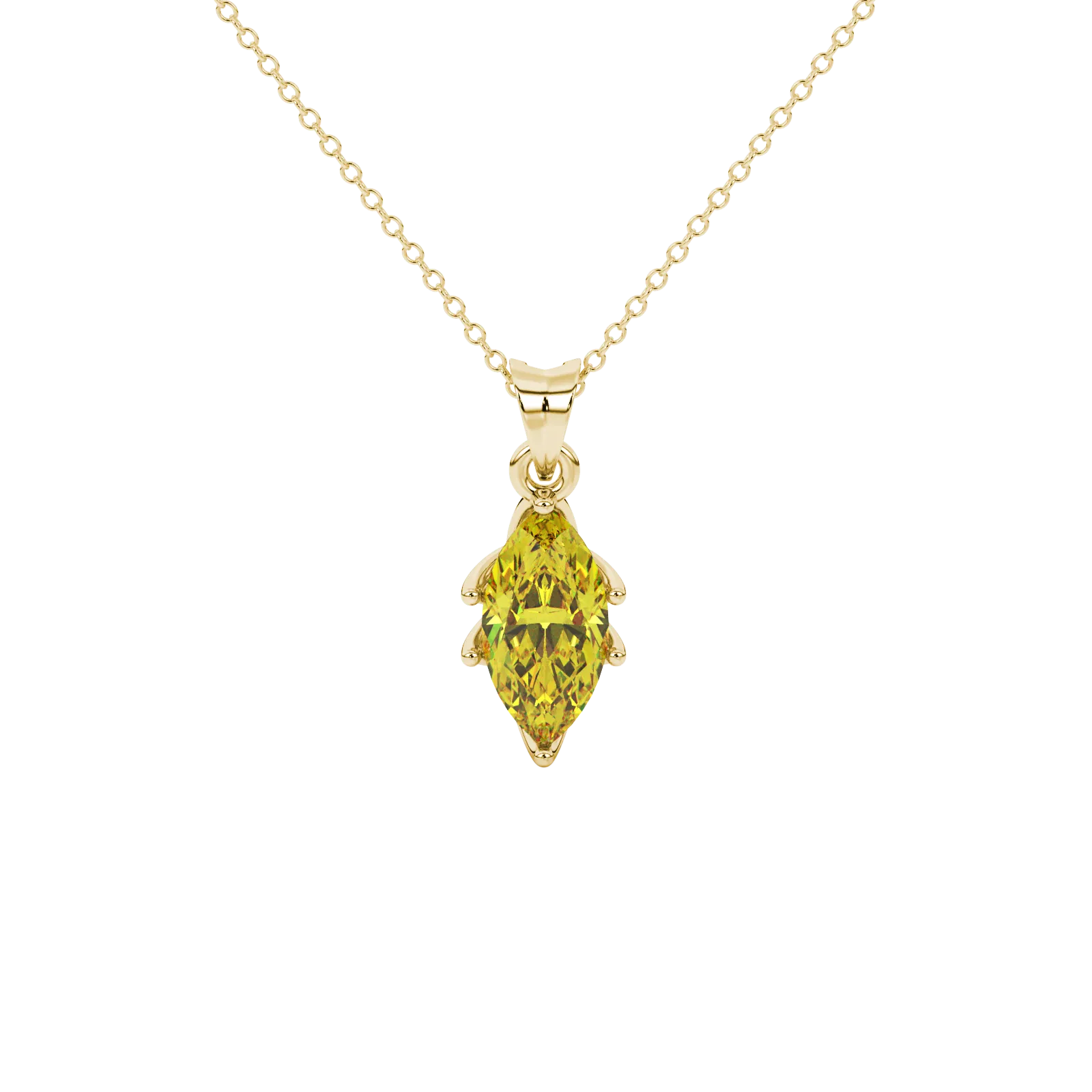 Marquise cut canary yellow gemstone pendant, yellow gold scalloped six prong setting