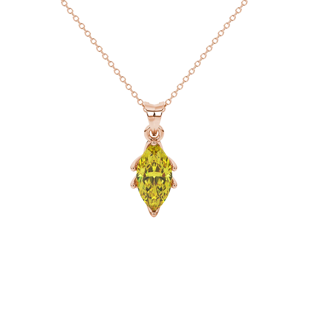 Marquise cut canary yellow gemstone pendant, rose gold scalloped six prong setting.
