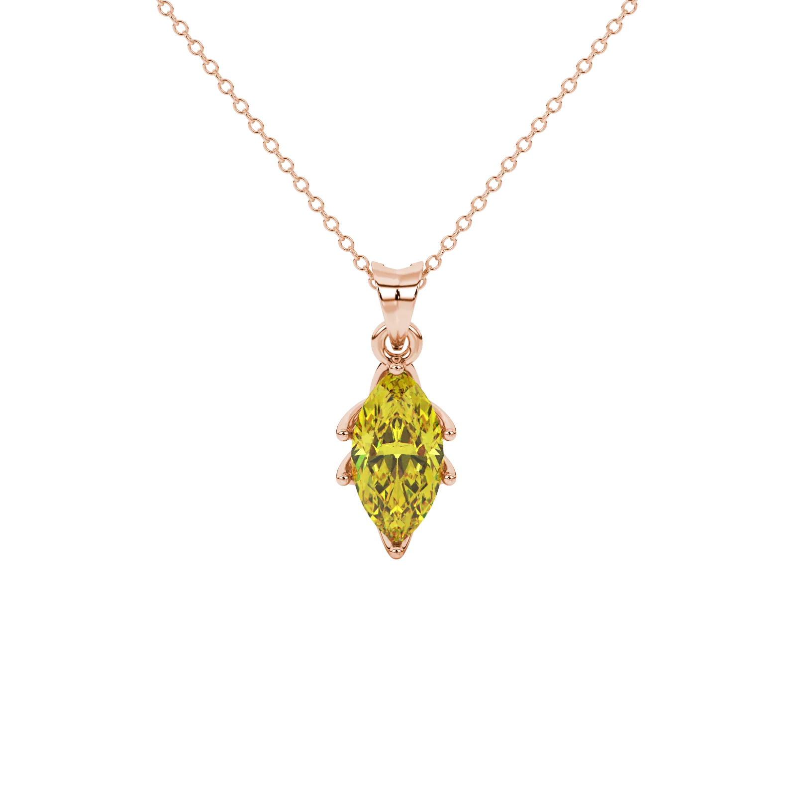 Marquise cut canary yellow gemstone pendant, rose gold scalloped six prong setting.