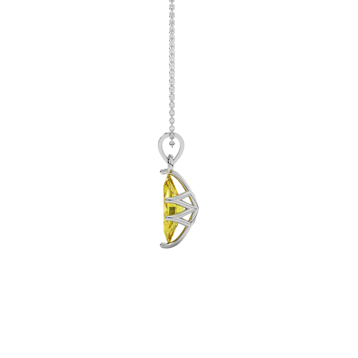Side profile, white gold canary yellow pendant, scalloped six prong gallery.
