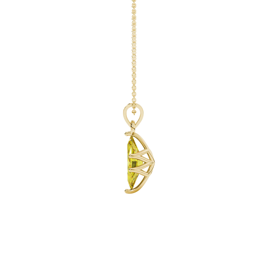 Side profile, yellow gold canary yellow pendant, scalloped six prong gallery.