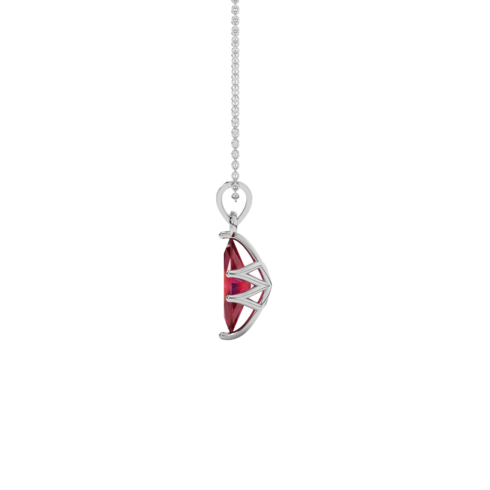 Side profile, white gold raspberry red pendant, scalloped six prong gallery.
