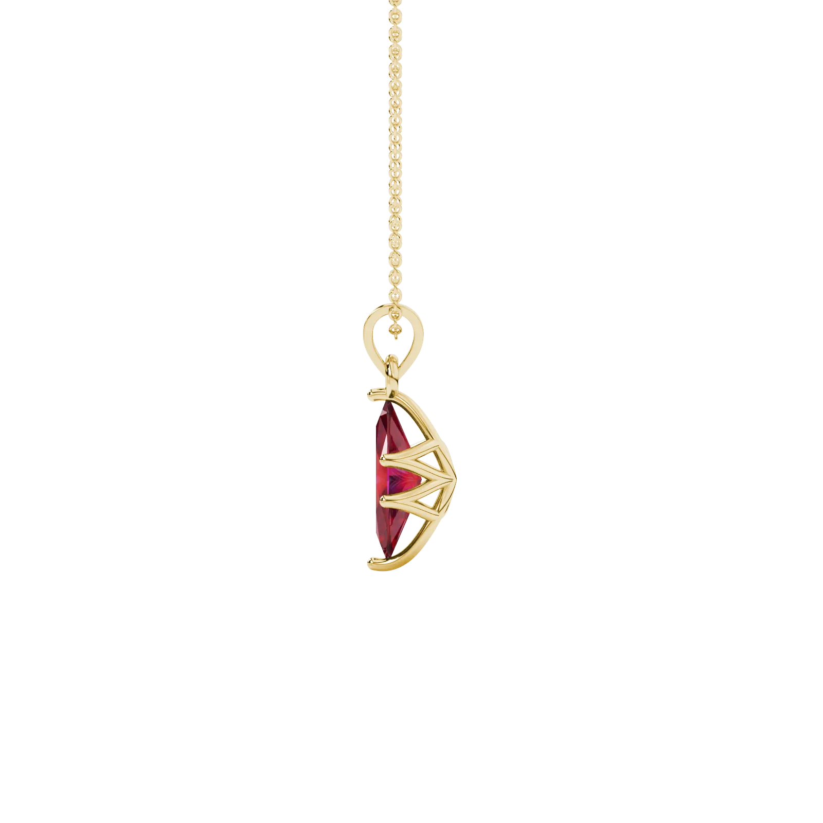 Side profile, yellow gold raspberry red pendant, scalloped six prong gallery.
