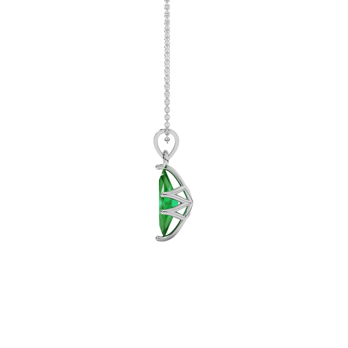 Side profile, white gold emerald green pendant, scalloped six prong gallery.
