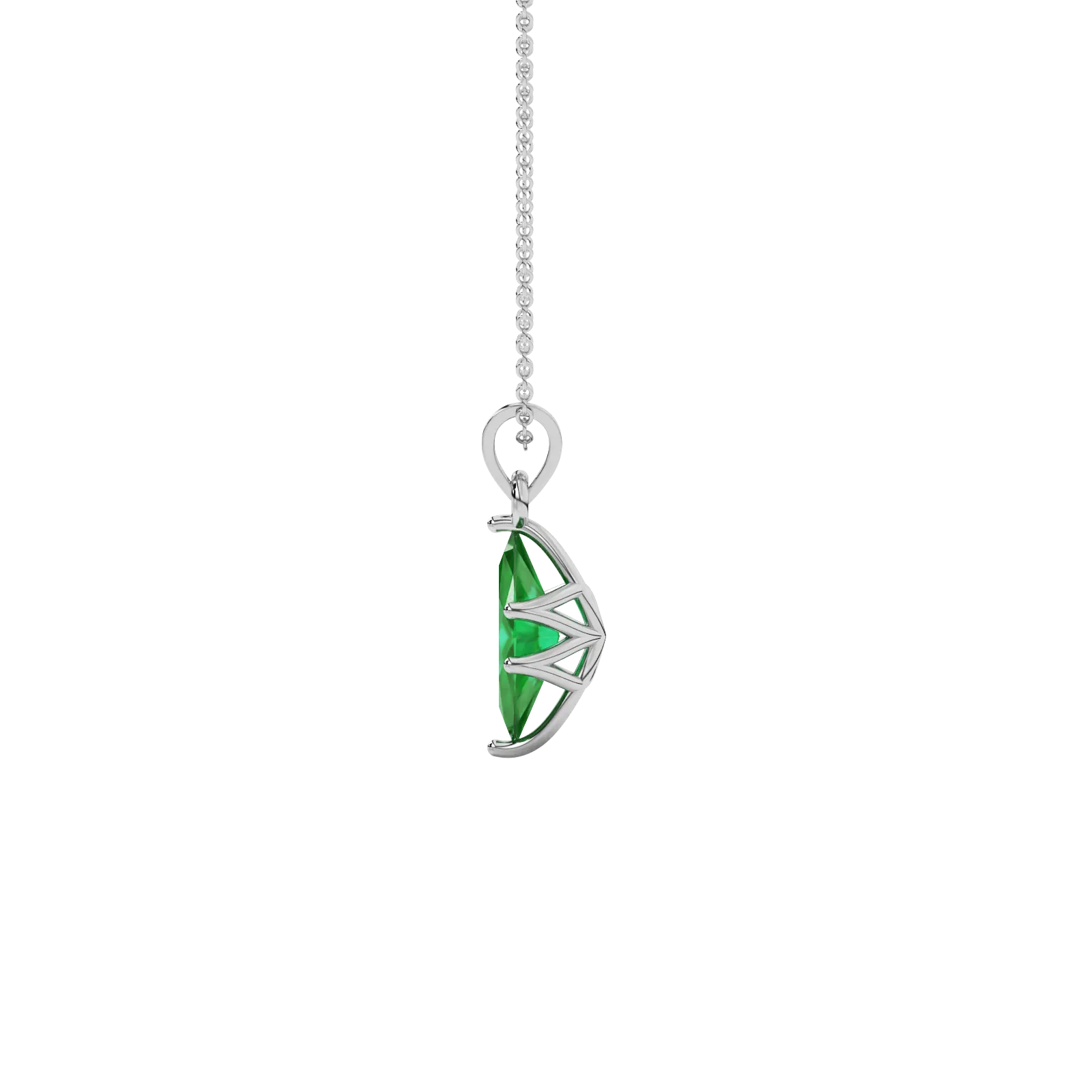 Side profile, white gold emerald green pendant, scalloped six prong gallery.