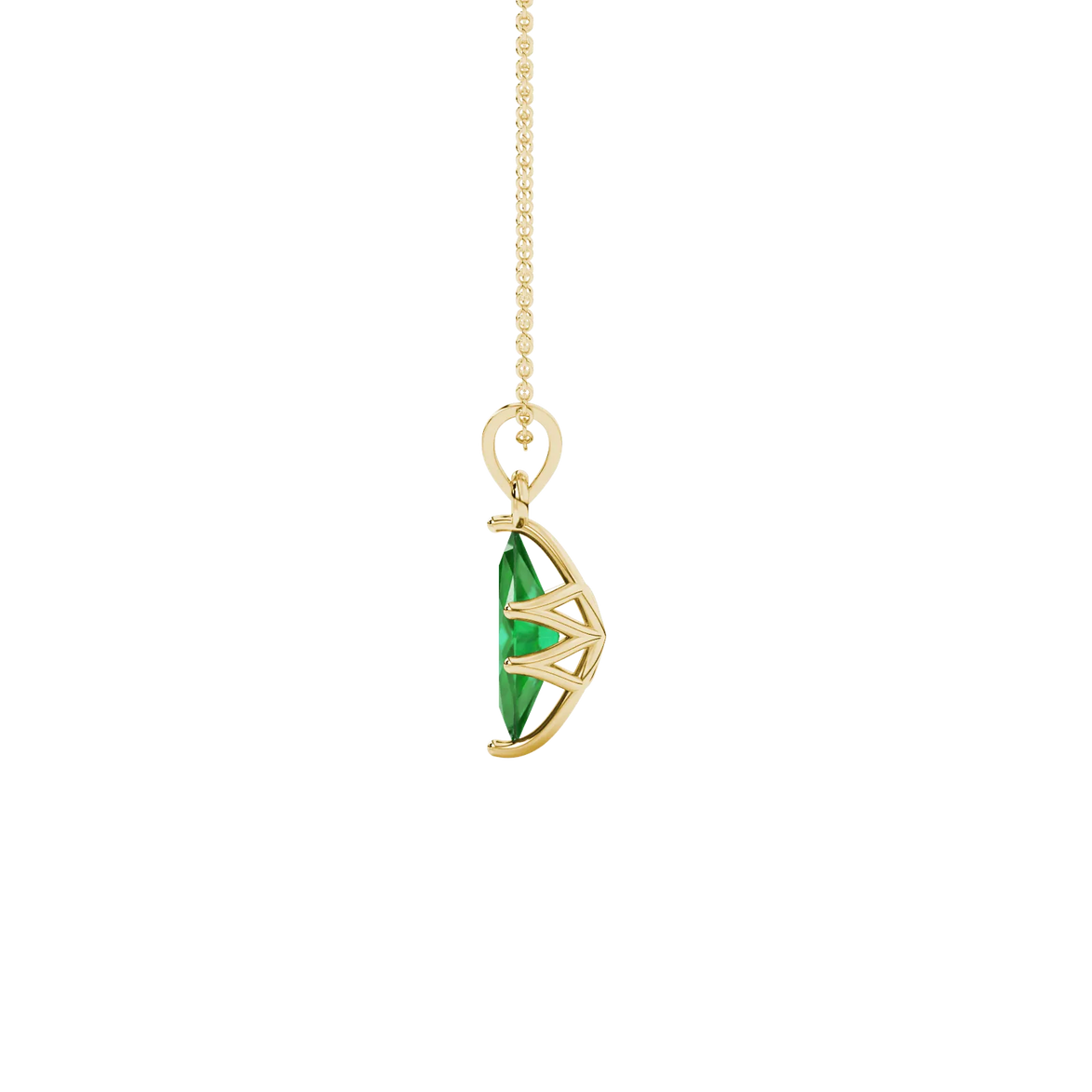 Side profile, yellow gold emerald green pendant, scalloped six prong gallery.