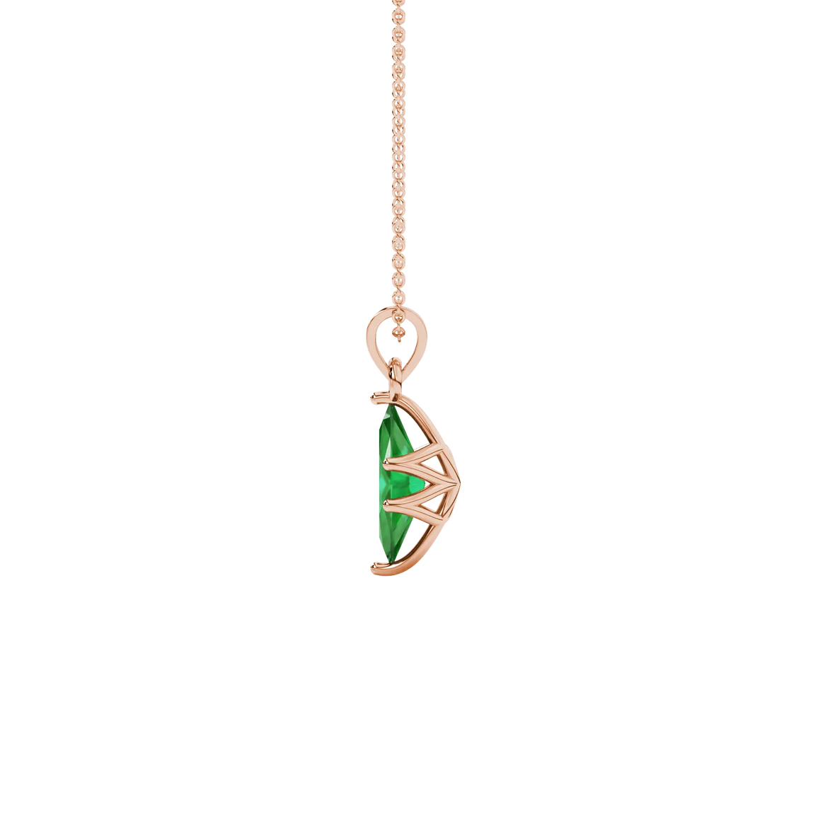 Side profile, rose gold emerald green pendant, scalloped six prong gallery.
