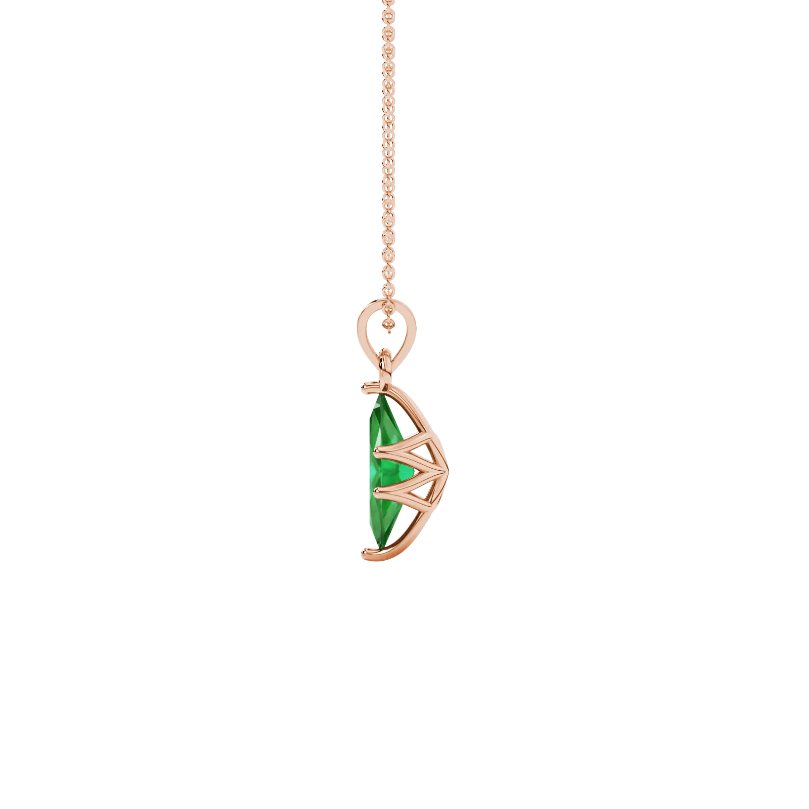 Side profile, rose gold emerald green pendant, scalloped six prong gallery.