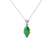 Close-up marquise cut emerald green gemstone, white gold scalloped six prong.