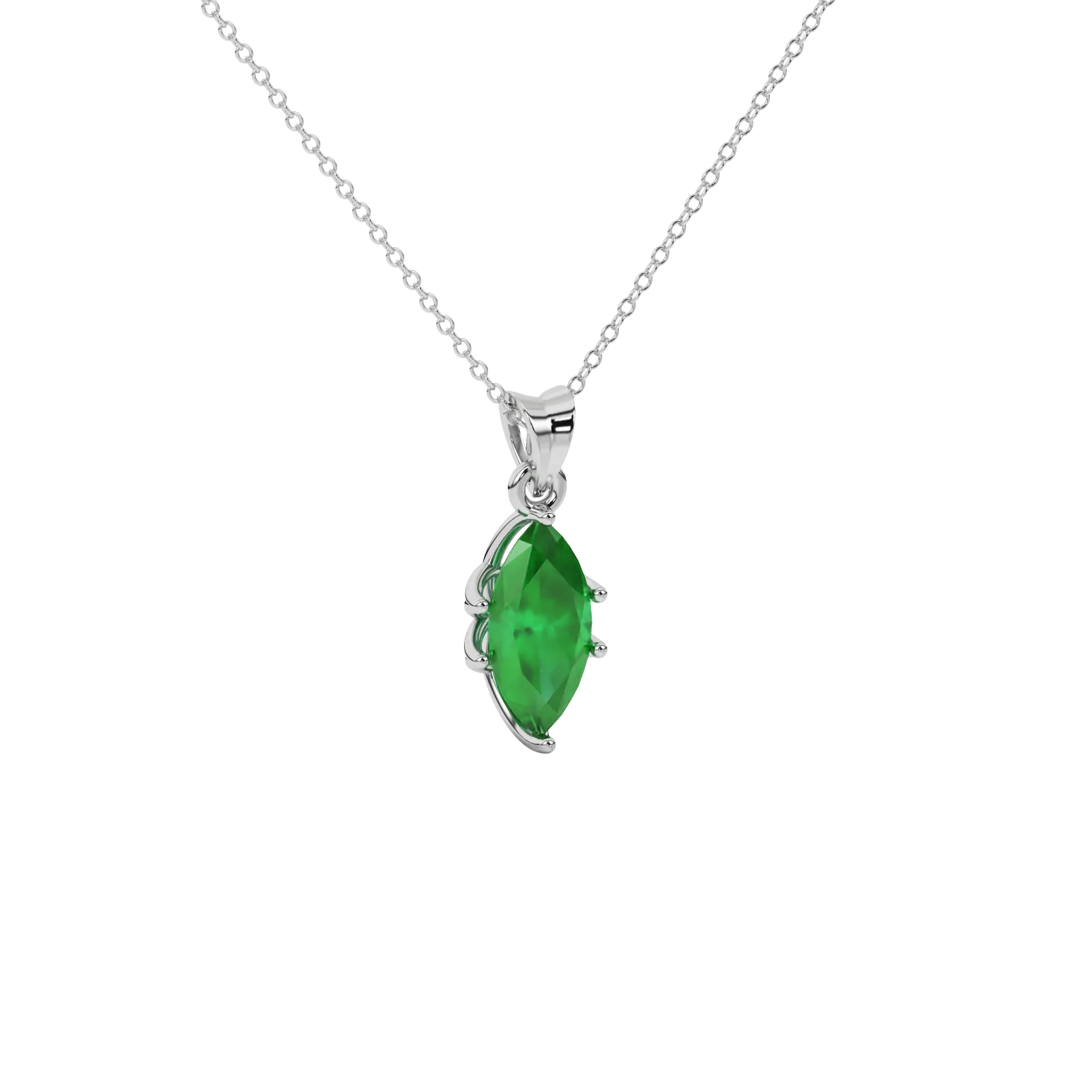 Close-up marquise cut emerald green gemstone, white gold scalloped six prong.