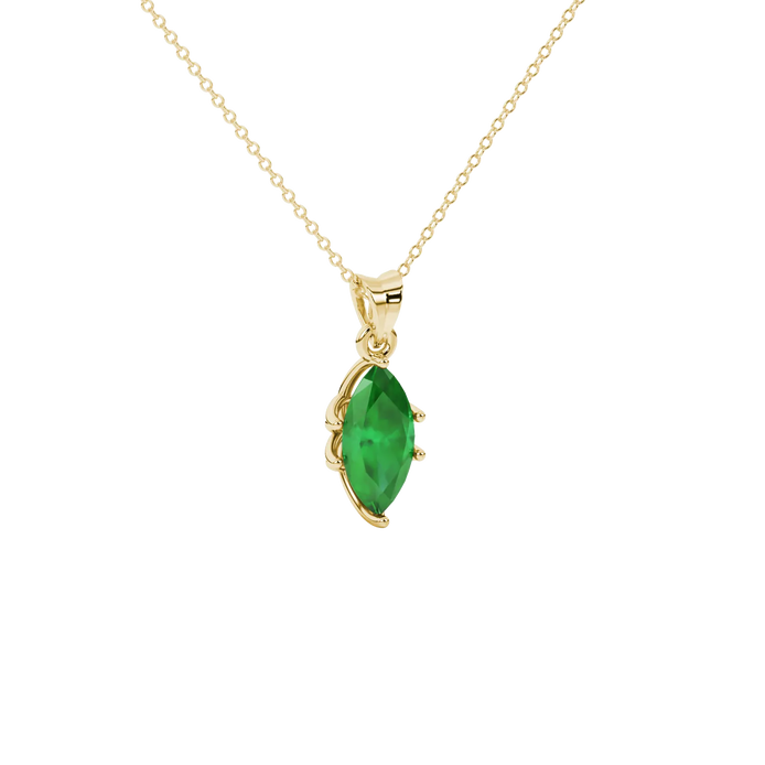 Close-up, marquise cut emerald green gemstone, yellow gold scalloped six prong pendant.