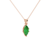 Close-up, marquise cut emerald green gemstone pendant, rose gold scalloped six prong.