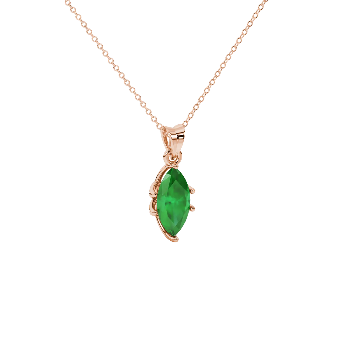 Close-up, marquise cut emerald green gemstone pendant, rose gold scalloped six prong.