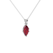 Close-up marquise cut raspberry red gemstone, white gold scalloped six prong.