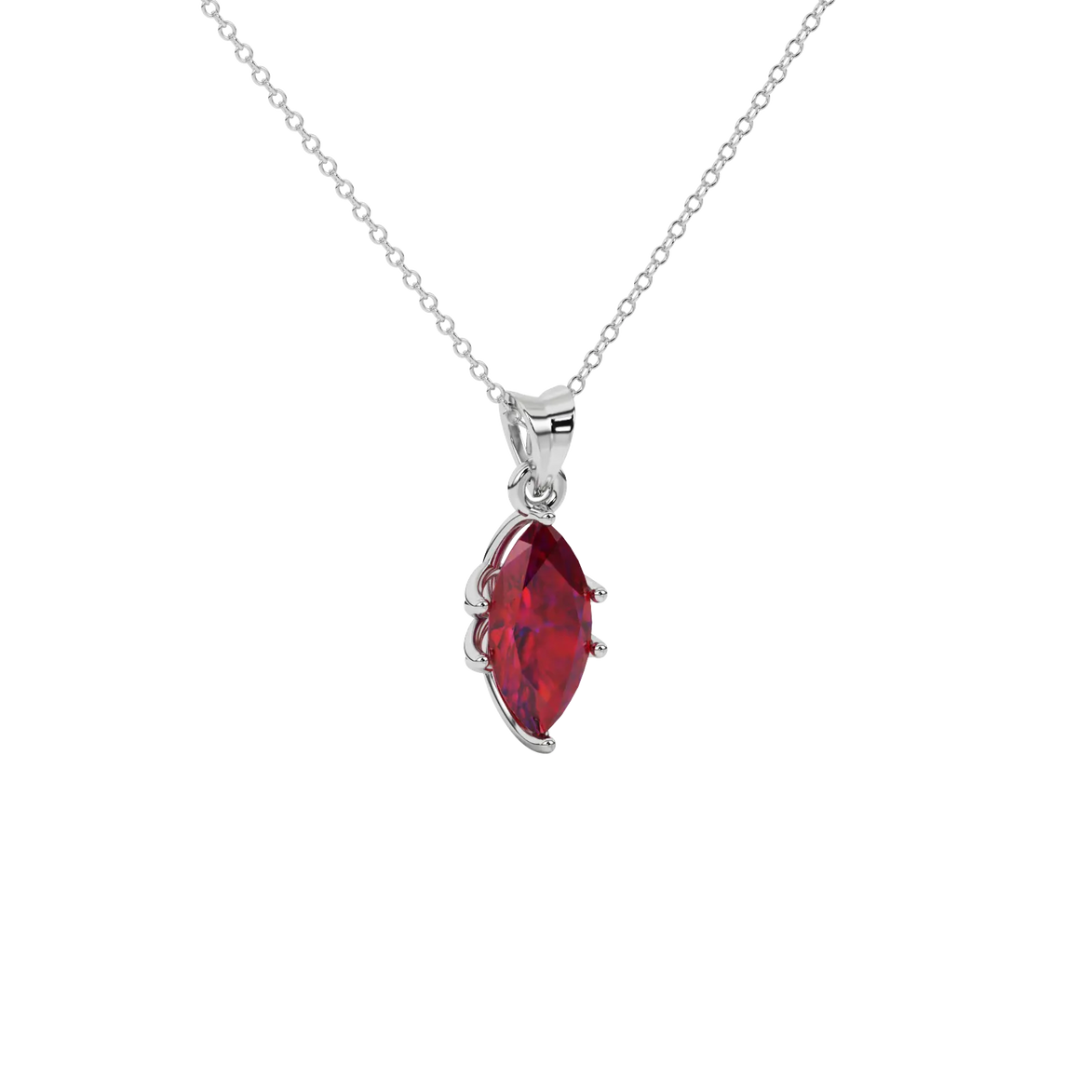 Close-up marquise cut raspberry red gemstone, white gold scalloped six prong.