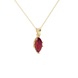Close-up, marquise cut raspberry red gemstone, yellow gold scalloped six prong pendant.