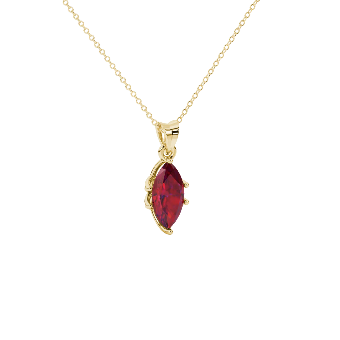 Close-up, marquise cut raspberry red gemstone, yellow gold scalloped six prong pendant.