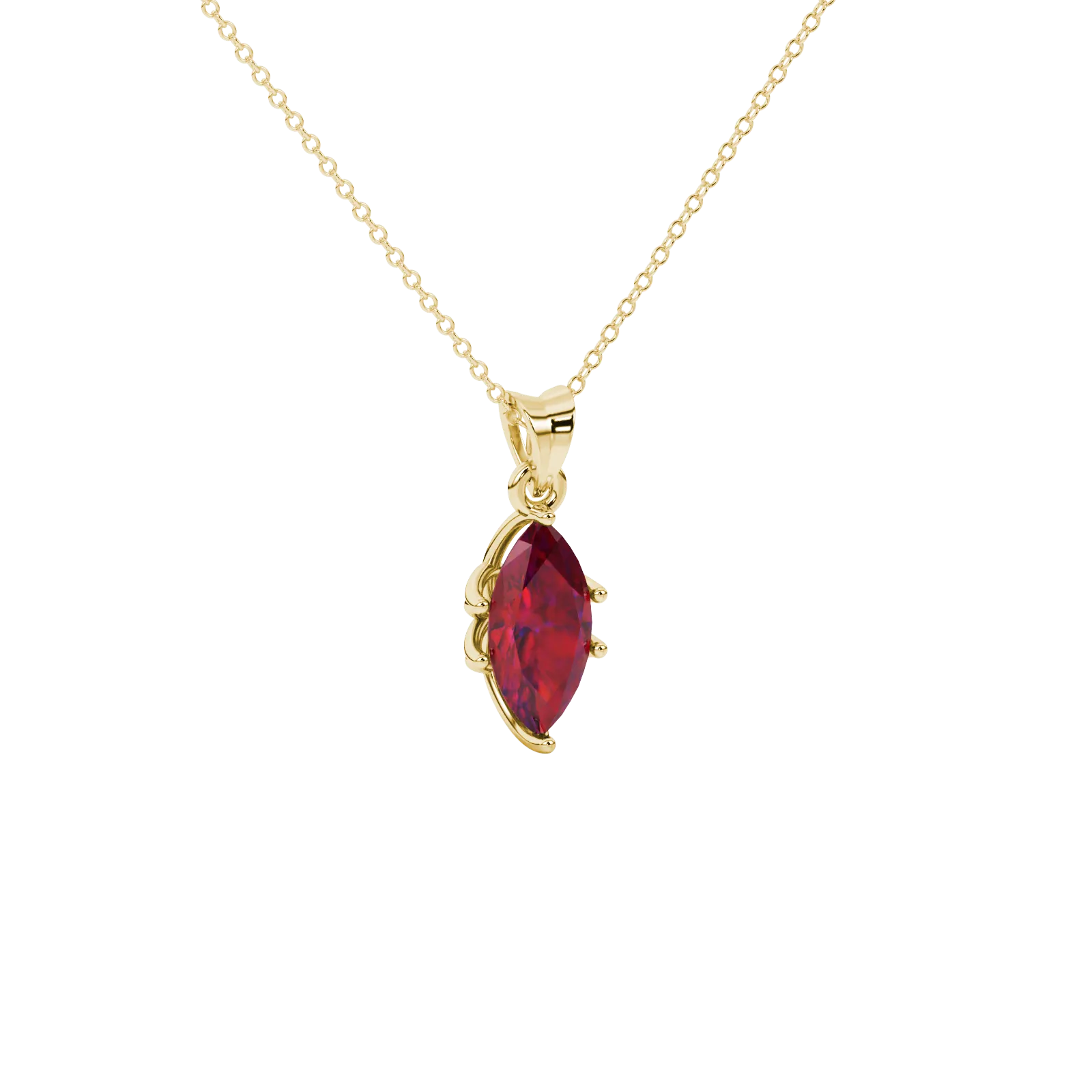 Close-up, marquise cut raspberry red gemstone, yellow gold scalloped six prong pendant.