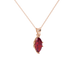 Close-up, marquise cut raspberry red gemstone pendant, rose gold scalloped six prong.