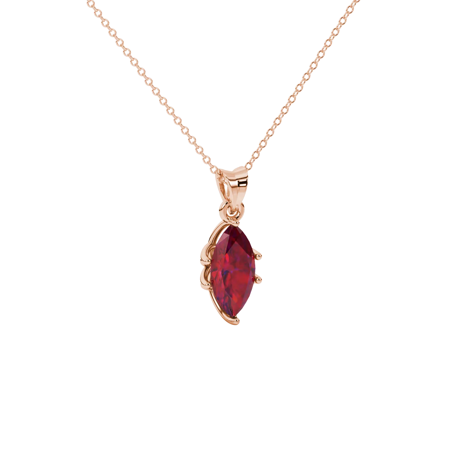 Close-up, marquise cut raspberry red gemstone pendant, rose gold scalloped six prong.