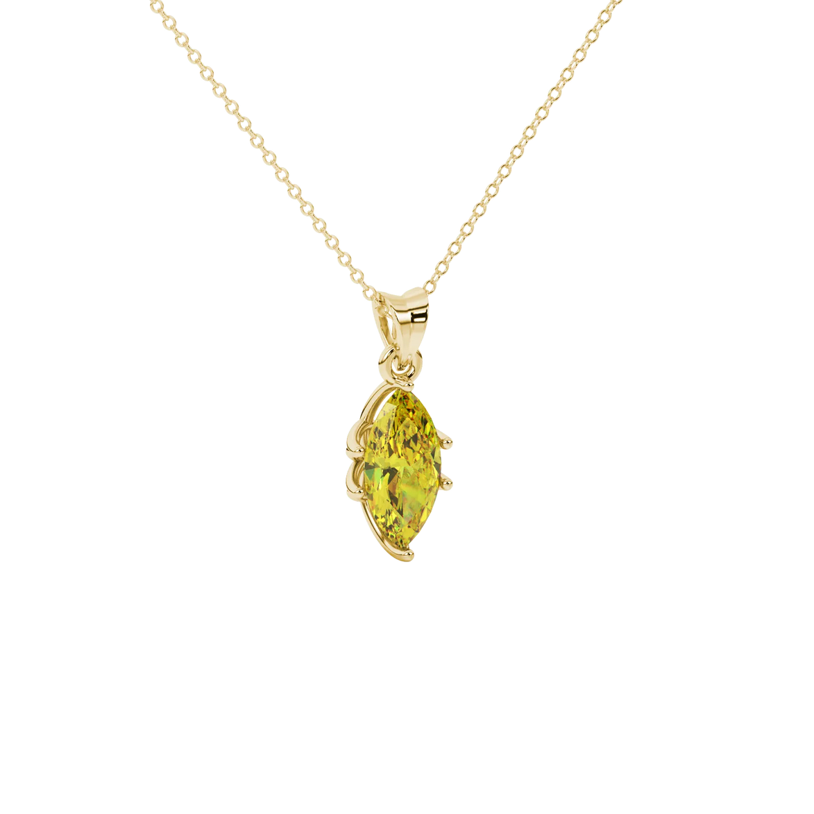 Close-up, marquise cut canary yellow gemstone, yellow gold scalloped six prong pendant.