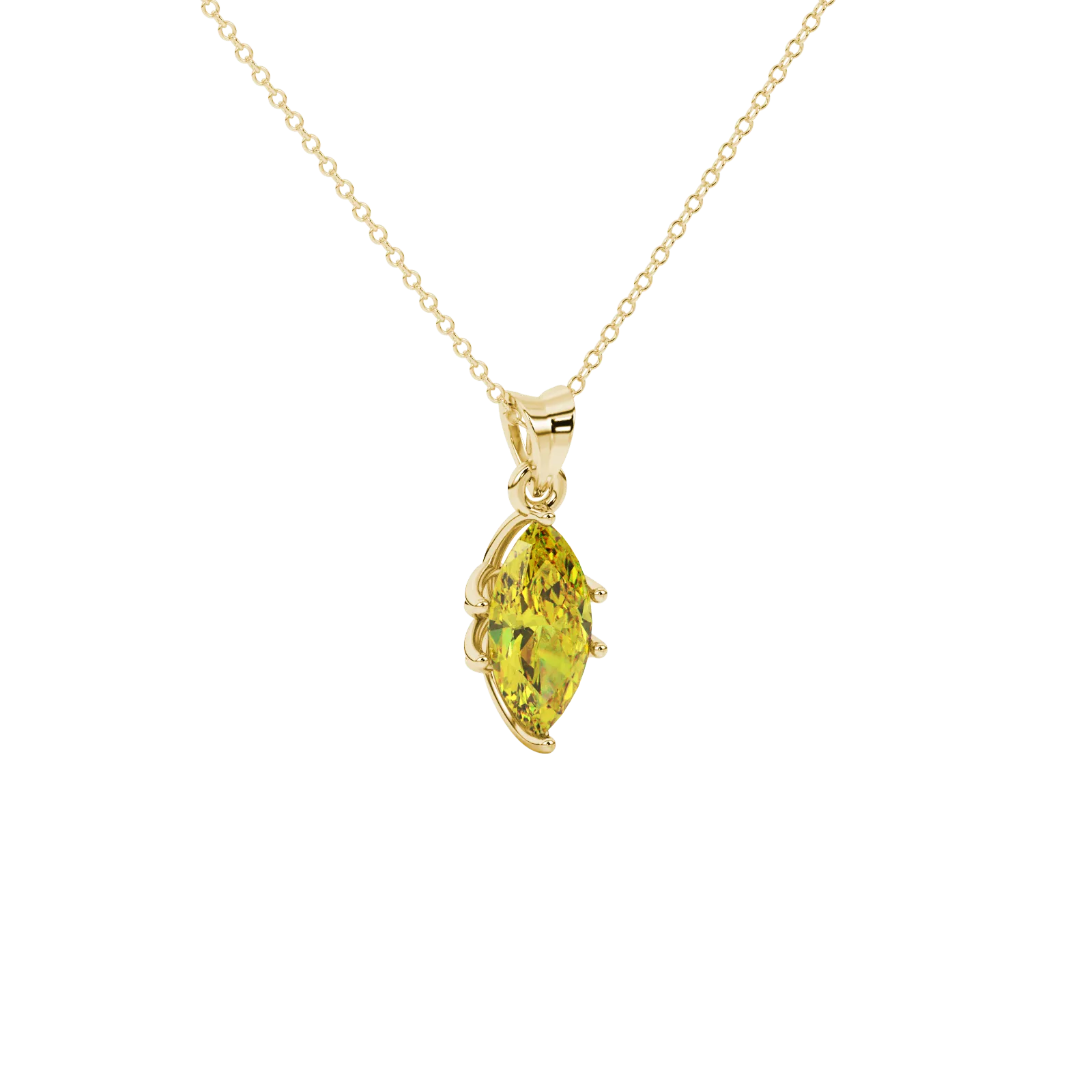 Close-up, marquise cut canary yellow gemstone, yellow gold scalloped six prong pendant.