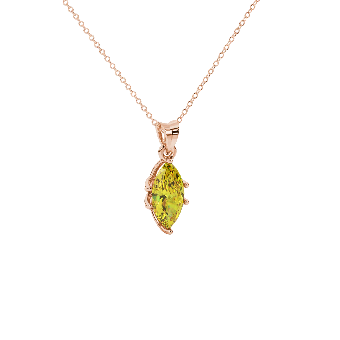 Close-up, marquise cut canary yellow gemstone pendant, rose gold scalloped six prong.